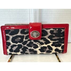 Coach Park Oceloe Leopard Print Turnlock Slim Wallet Red Patent Leather Trim